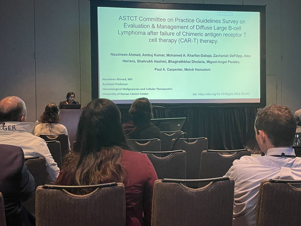 Happening now. <a href="/NausheenAhmedMD/">Nausheen Ahmed MD</a> presenting “fun project” survey data on Management of Diffuse Large B-Cell Lymphoma after Failure of Chimeric Antigen Receptor T Cell Therapy (CAR-T) Therapy. #tandem23