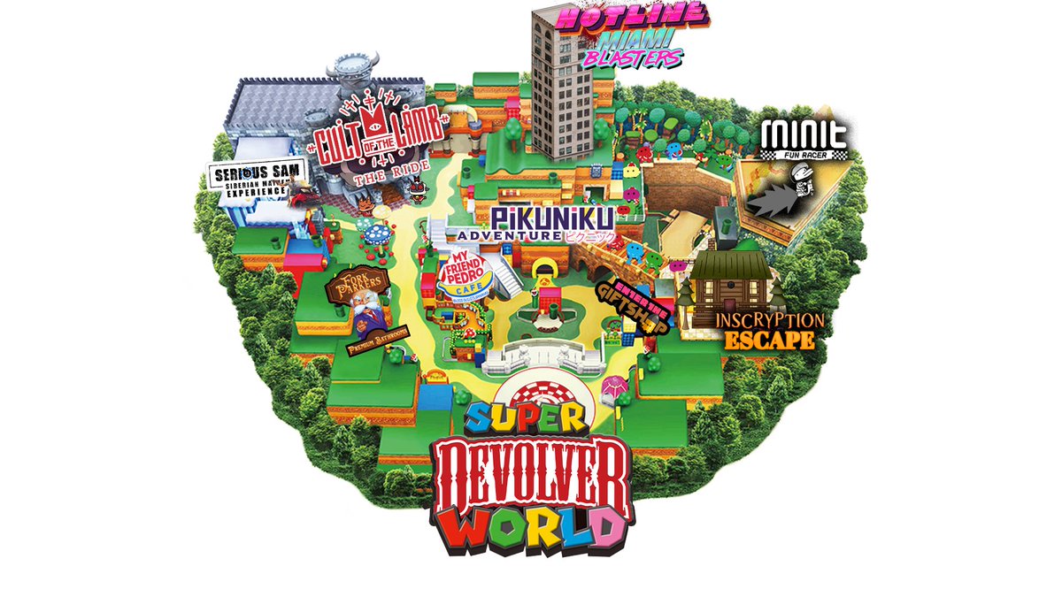devolverdigital's tweet photo. Massively jealous of Super Nintendo World so the Devolver Theme Park Department whipped this up new concept.

Where you headed first once you sneak in through the side door? https://t.co/rB9XRdtqLC