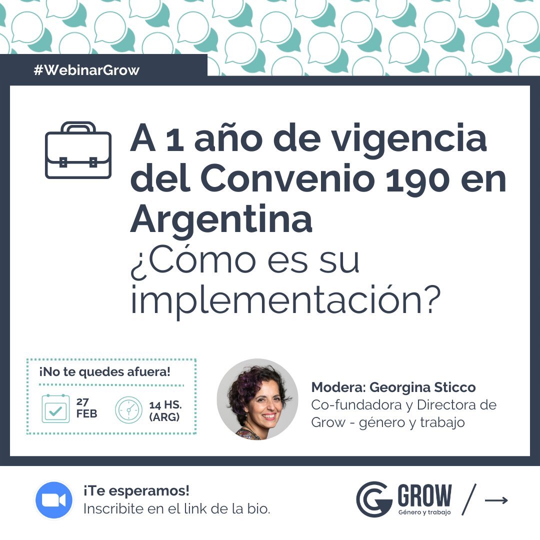 generoytrabajo's tweet photo. 📢A 1 año de la entrada en vigor en #Argentina del #Convenio190 sobre violencia y acoso laboral (OIT), realizaremos un webinar para conversar sobre los avances y desafíos de su implementación. 👉La actividad es gratuita, podés inscribirte desde el link https://t.co/YFpC9RvHMC https://t.co/xofcF4RjlI