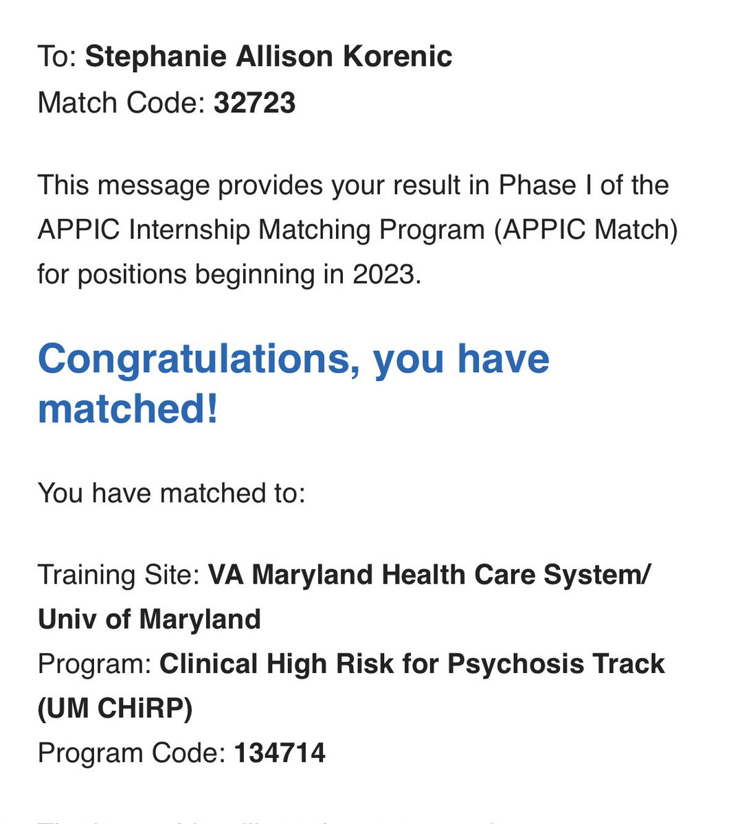 Stephanie Korenic, PhD (@hippocampu5) on Twitter photo SO SO SO EXCITED to share that I’ve matched with the UM Clinical High Risk for Psychosis (CHiRP) Track within the VAMHCS/UMSOM Internship Consortium!!!!!! Thrilled to be returning to Baltimore for this next phase of my training!!!!!! 🥳🦀 #APPIC #APPICmatchday <a href="/UMPsychiatry/">UMPsychiatry</a> SO SO SO EXCITED to share that I’ve matched with the UM Clinical High Risk for Psychosis (CHiRP) Track within the VAMHCS/UMSOM Internship Consortium!!!!!! Thrilled to be returning to Baltimore for this next phase of my training!!!!!! 🥳🦀 #APPIC #APPICmatchday <a href="/UMPsychiatry/">UMPsychiatry</a>