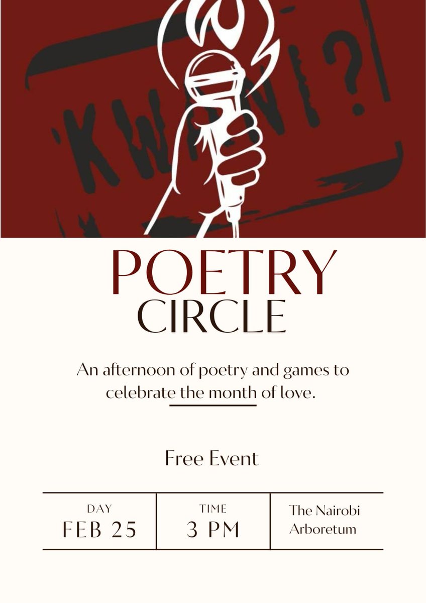 Kwani_OpenMic's tweet photo. We proudly present to you the

🎉🎉POETRY CIRCLE🎉🎉
by #KwaniOpenMic

Grab your snacks, drinks, a shuka and your poetry and we shall meet on Saturday 25th February at 3pm at Nairobi Arboretum 🌱
Our beloved host Shiko has prepared some games and space for your poetry 🤩 https://t.co/TXJNu5TTNs