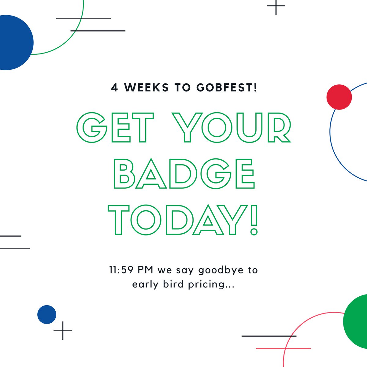 GOBfest is only 4 weeks away, and that means today is the last day for early bird pricing for #GOBfest2023! Buy your badge before midnight tonight to save on a weekend full of games. #yeg #boardgames