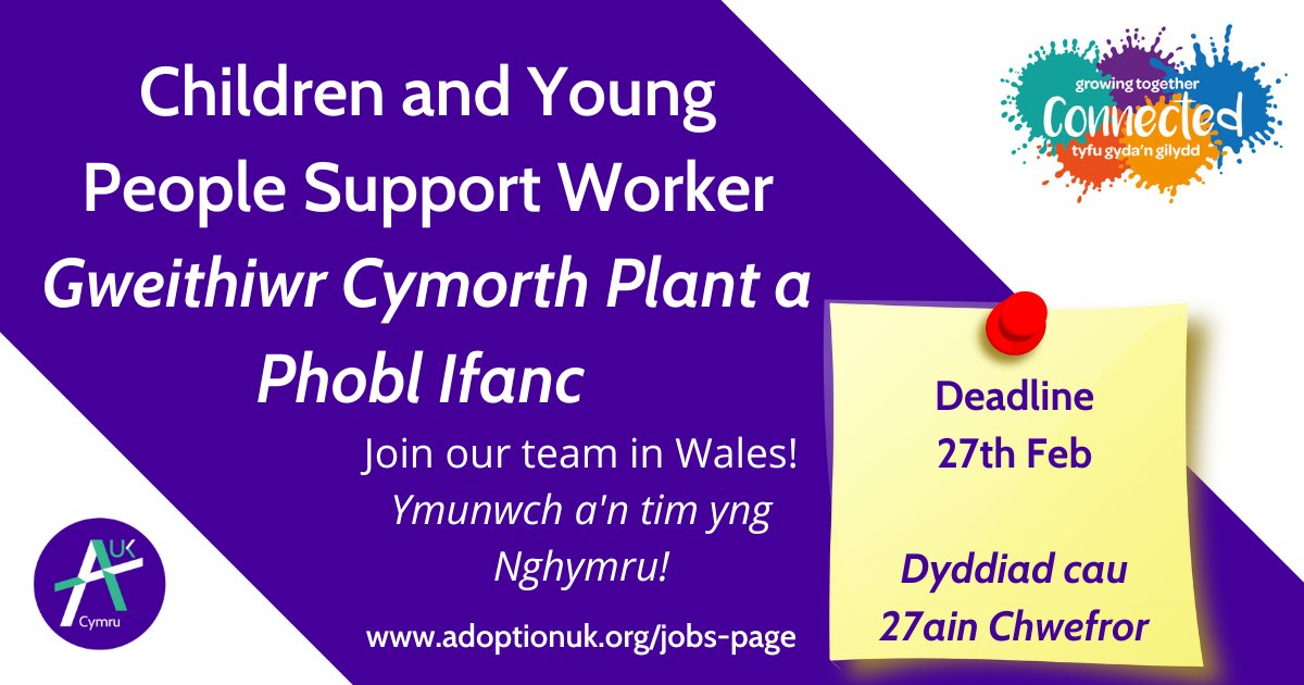 📢Swydd wag 📢
Gweithiwr Cymorth Plant a Phobl Ifanc yn ne ddwyrain Cymru (10 awr/wythnos). 

🗓️Dyddiad cau: 27 Chwefror
🔗adoptionuk.org/children-and-y…

Ymunwch â’r tîm <a href="/connected_cyps/">Connected - Children & Young People Service (CYPS)</a>
 😀