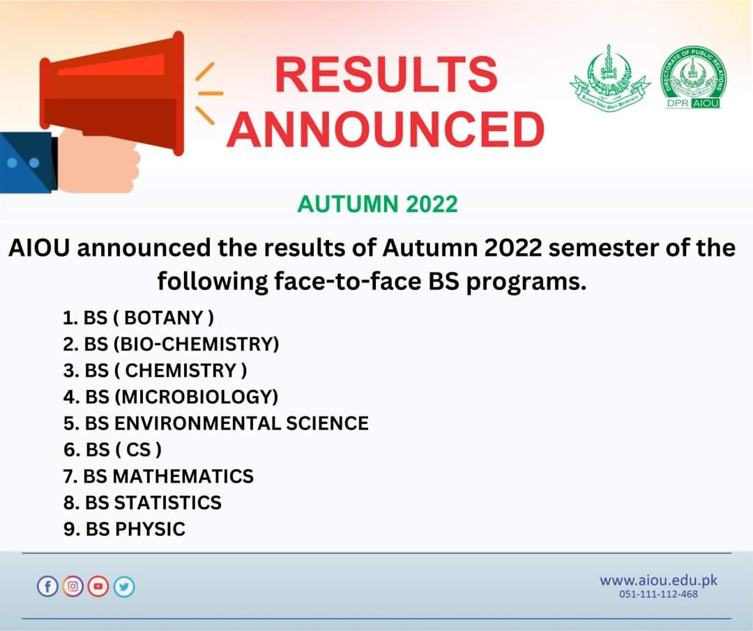 Allama Iqbal Open University announced the results Autumn 2022 semester face-to-face BS programs.
 #aiouactivities #aiounews #aioustudents #aiou_updates #EducationForAll #distancelearning #results #result #autumn #autumn22