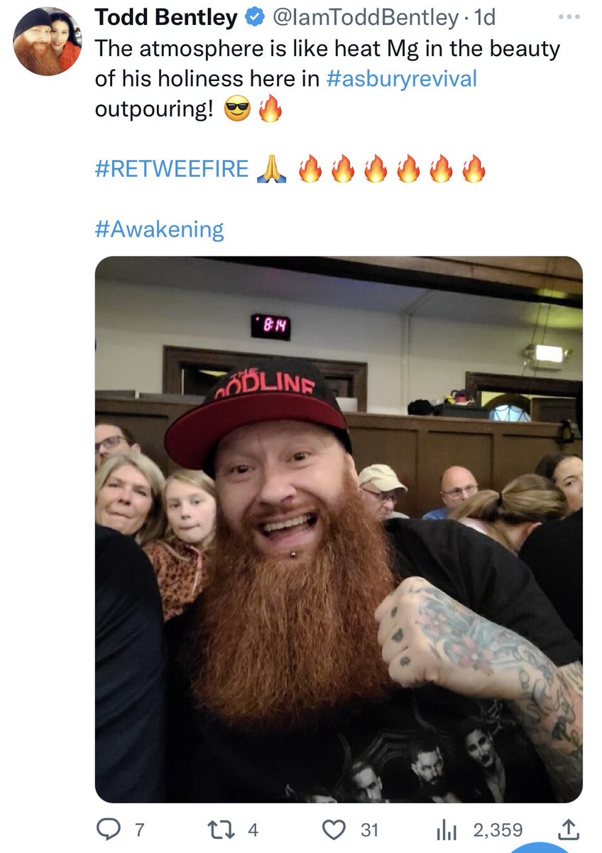 JustinPetersMin's tweet photo. Is Asbury a real revival? Todd Bentley just spent several days there &amp; raved about it. TB is one of the darkest individuals ever to disgrace the name of Christ. I truly believe he is demon possessed. Any setting in which he is comfortable cannot possibly be Holy Spirit governed. https://t.co/q6Qo6MMBlX
