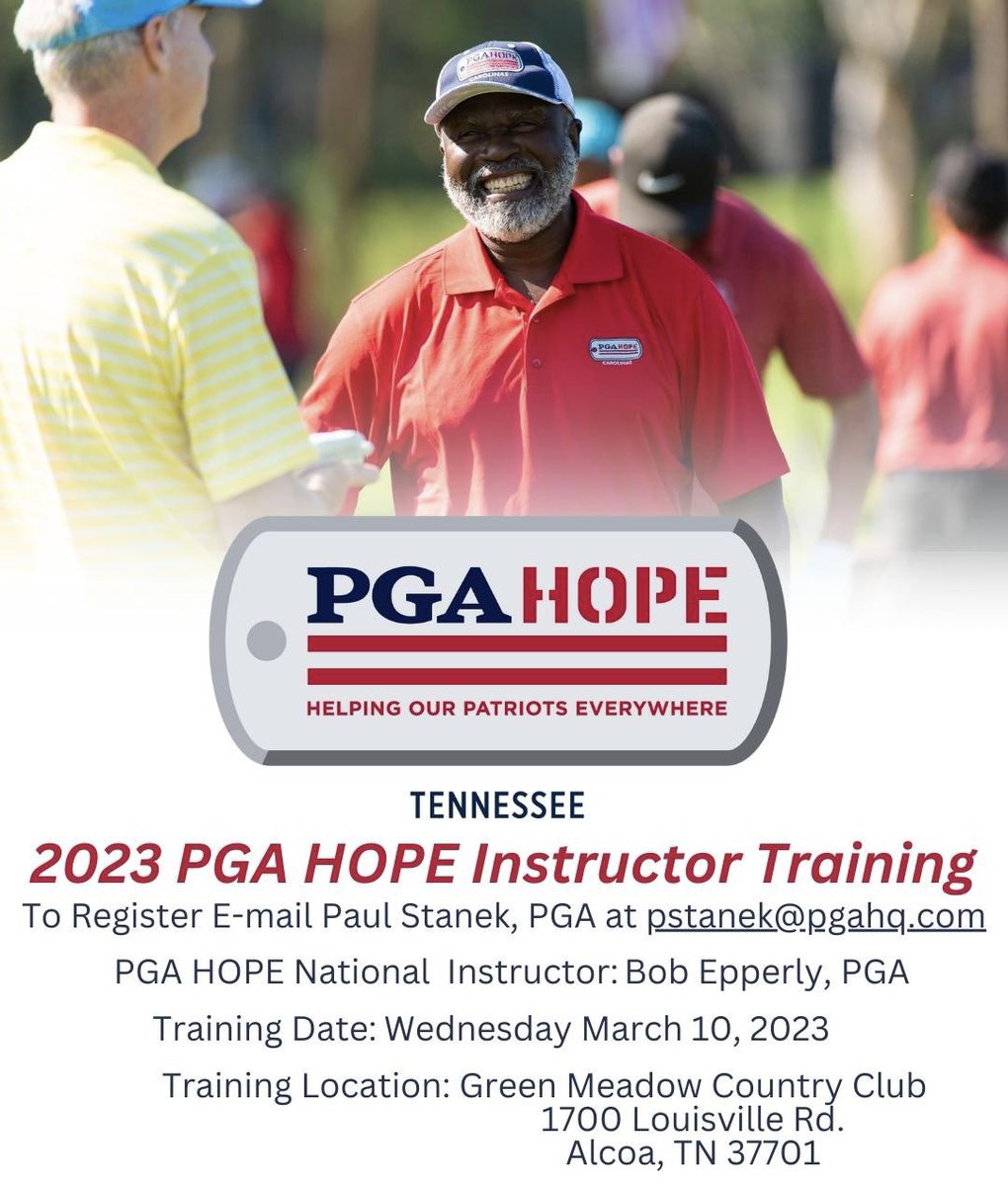 🇺🇸⛳️

Calling all Tennessee PGA Professionals!

Become a certified PGA HOPE instructor by participating in one of our PGA HOPE training days next month! 

#TNPGA | #PGAHOPE