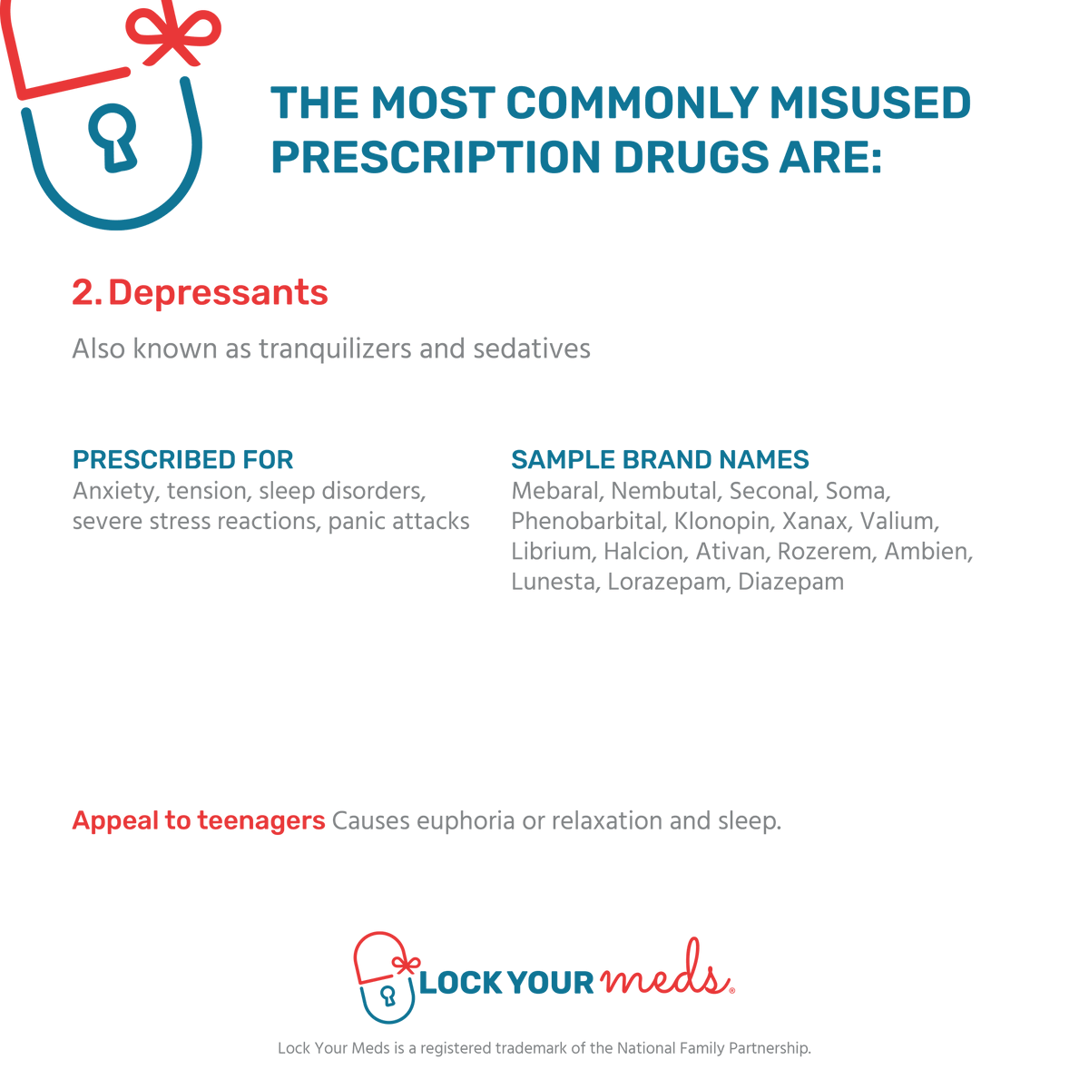 LockYourMeds's tweet photo. Today’s #LockYourMeds #FridayFacts is the dangers of depressants.  Oftentimes, kids or teens easily self-diagnose these disorders and go looking in their parent’s medicine cabinets for relief or worse, sell Xanax to their peers. #BeAwareDontShare https://t.co/6n8tMJA84y