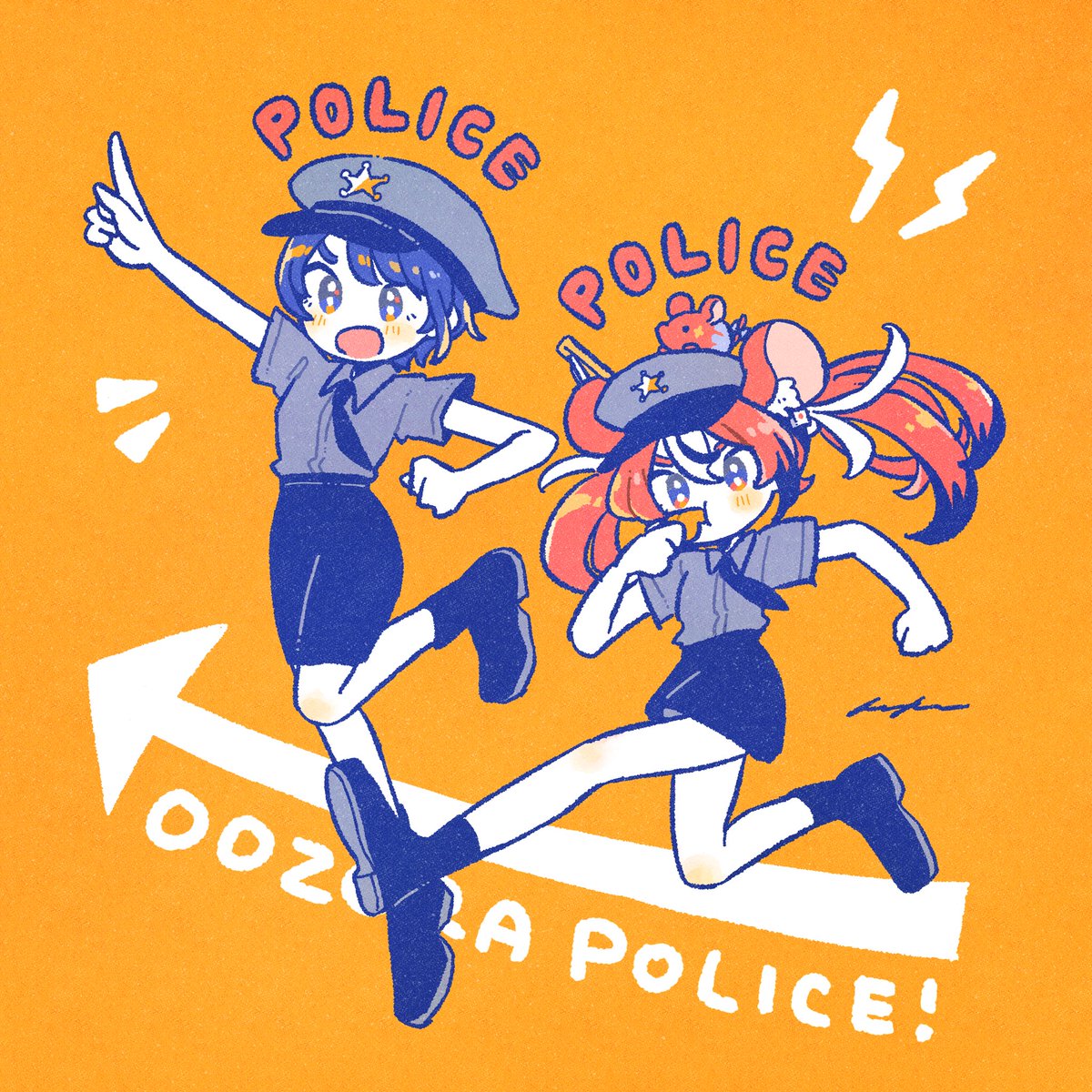 hakos baelz multiple girls 2girls police animal ears police uniform red hair mouse ears  illustration images