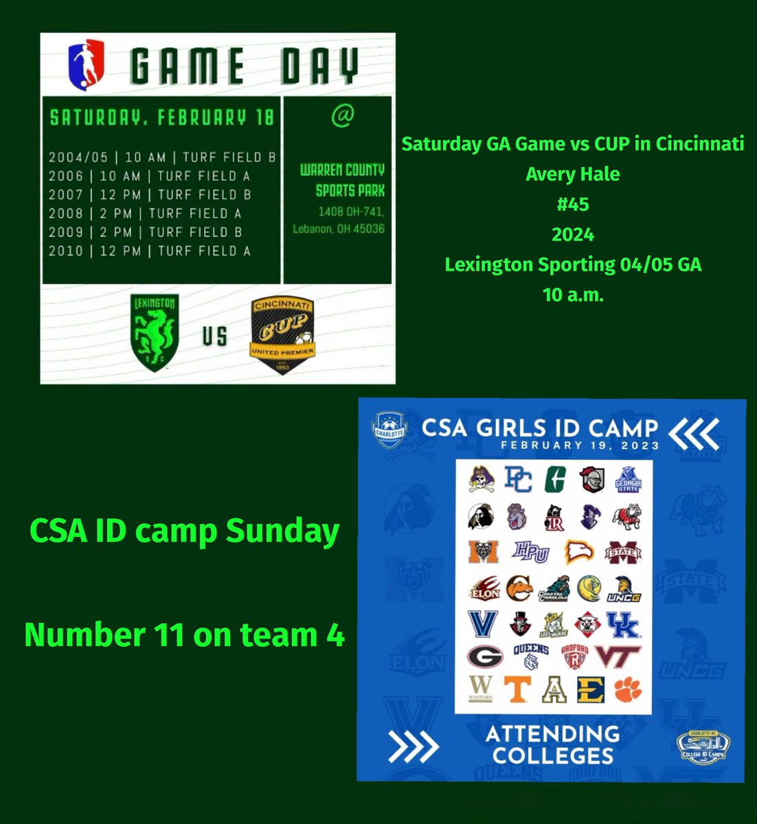 Busy weekend ahead!! Game vs Cup on Saturday then to Charlotte for the Charlotte Soccer Academy ID camp on Sunday.⚽️ <a href="/ImYouthSoccer/">ECNL/GA/Recruiting/College Soccer</a> <a href="/LSCyouth/">Lexington Sporting Youth</a>