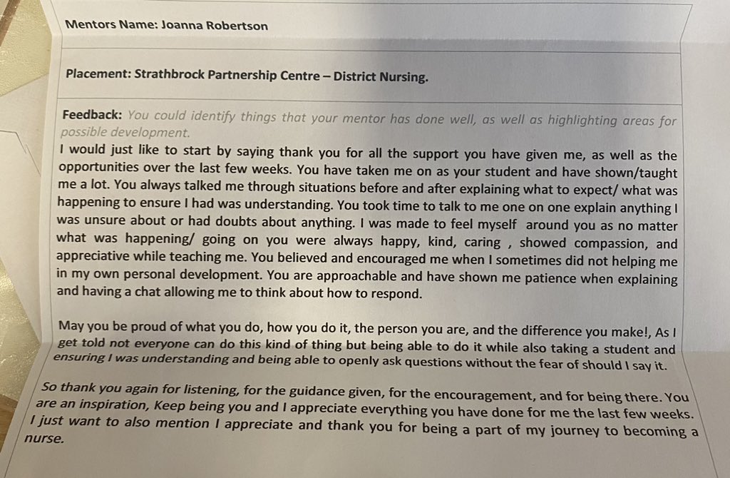JoSSPDN's tweet photo. Genuinely teared up a this. Such lovely feedback from a student nurse. How thoughtful to take the time to write this. So glad me and my team were able to be such a special part of their journey 💜 @WestLothianHSCP @LeanneJGrant @Lindapotts #thisiswhatnursingisallabout https://t.co/ZEZUtWe0aK