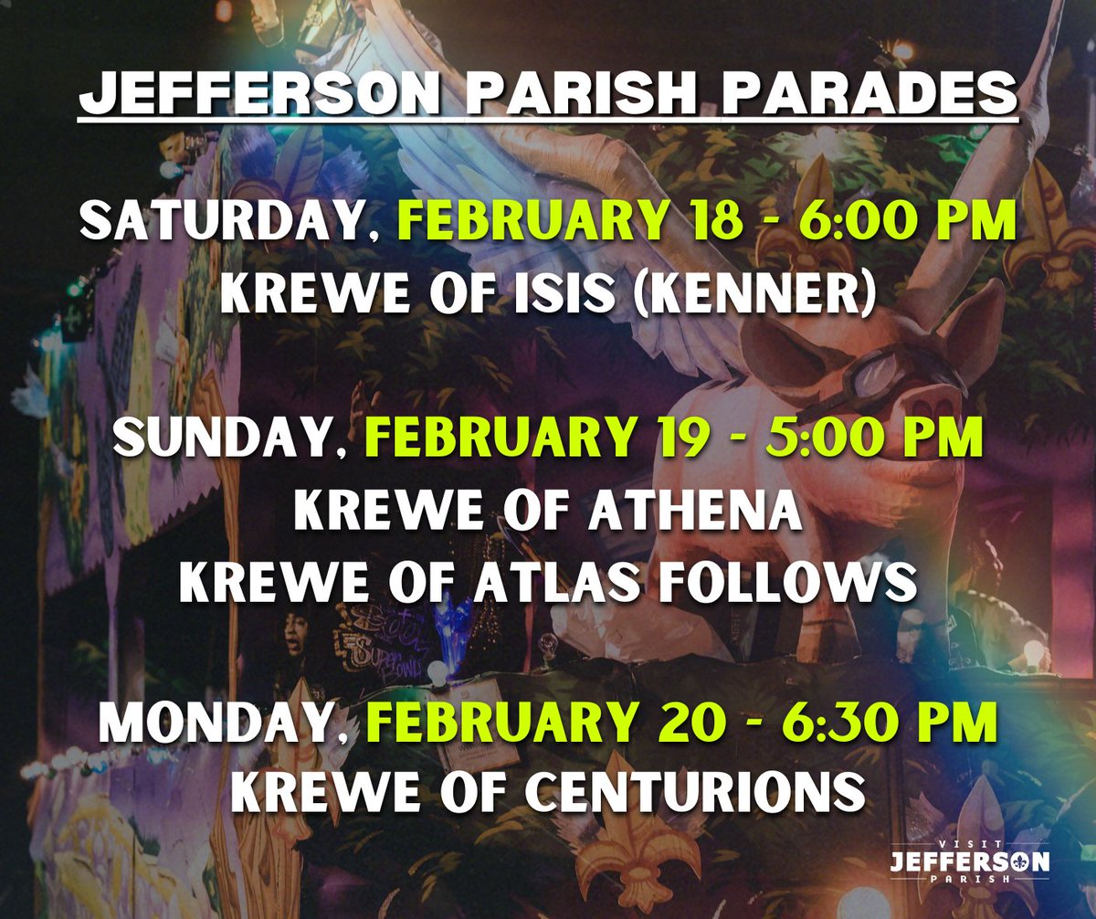 We have 4 parades this weekend/week in Jefferson Parish leading up to #MardiGras day! 

Mark your calendars &amp; we hope to see y'all on the route.

Info: bit.ly/3yM2et2