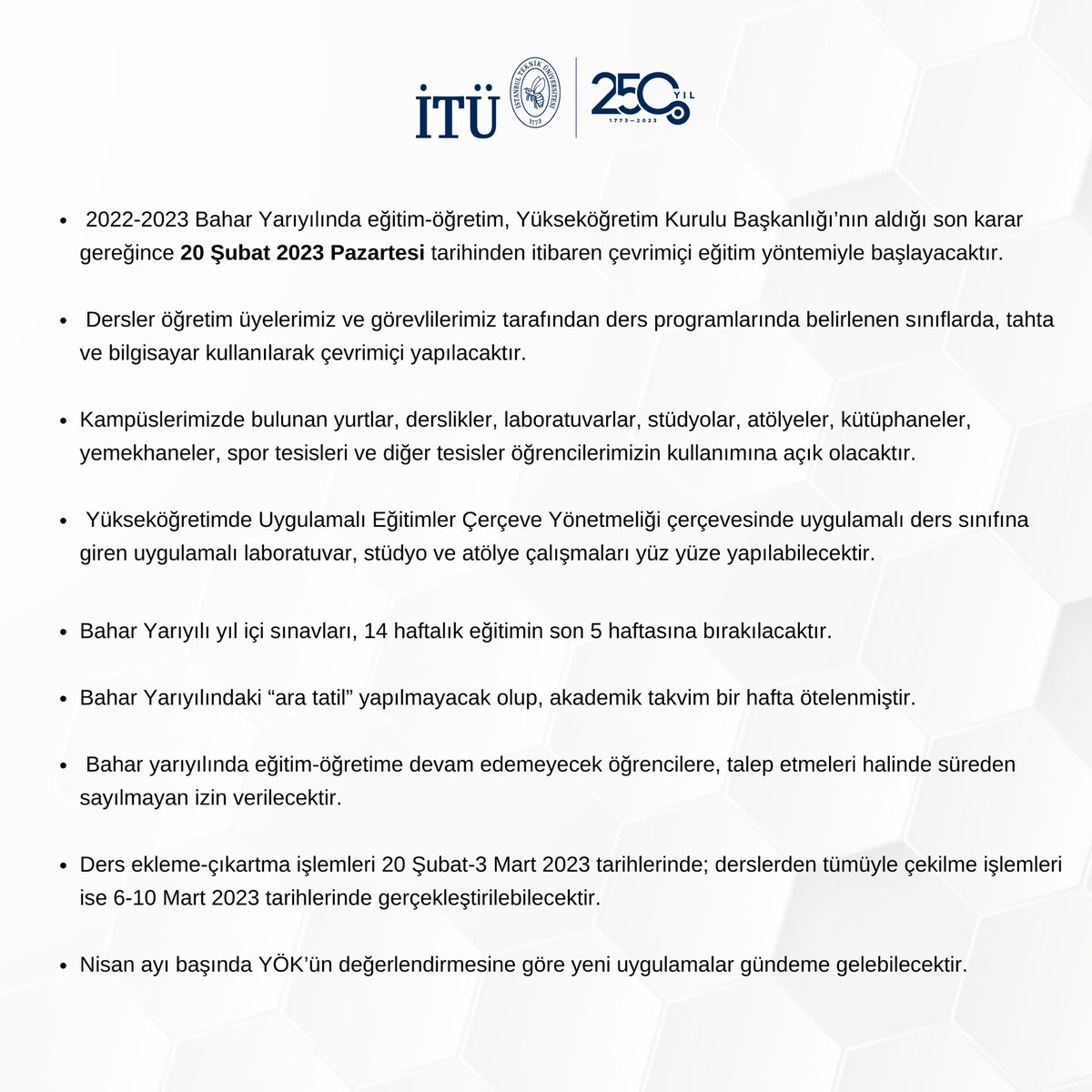 2022-2023 Bahar Yarıyılında Eğitim-Öğretim Yöntemi Hakkında Duyuru 📢