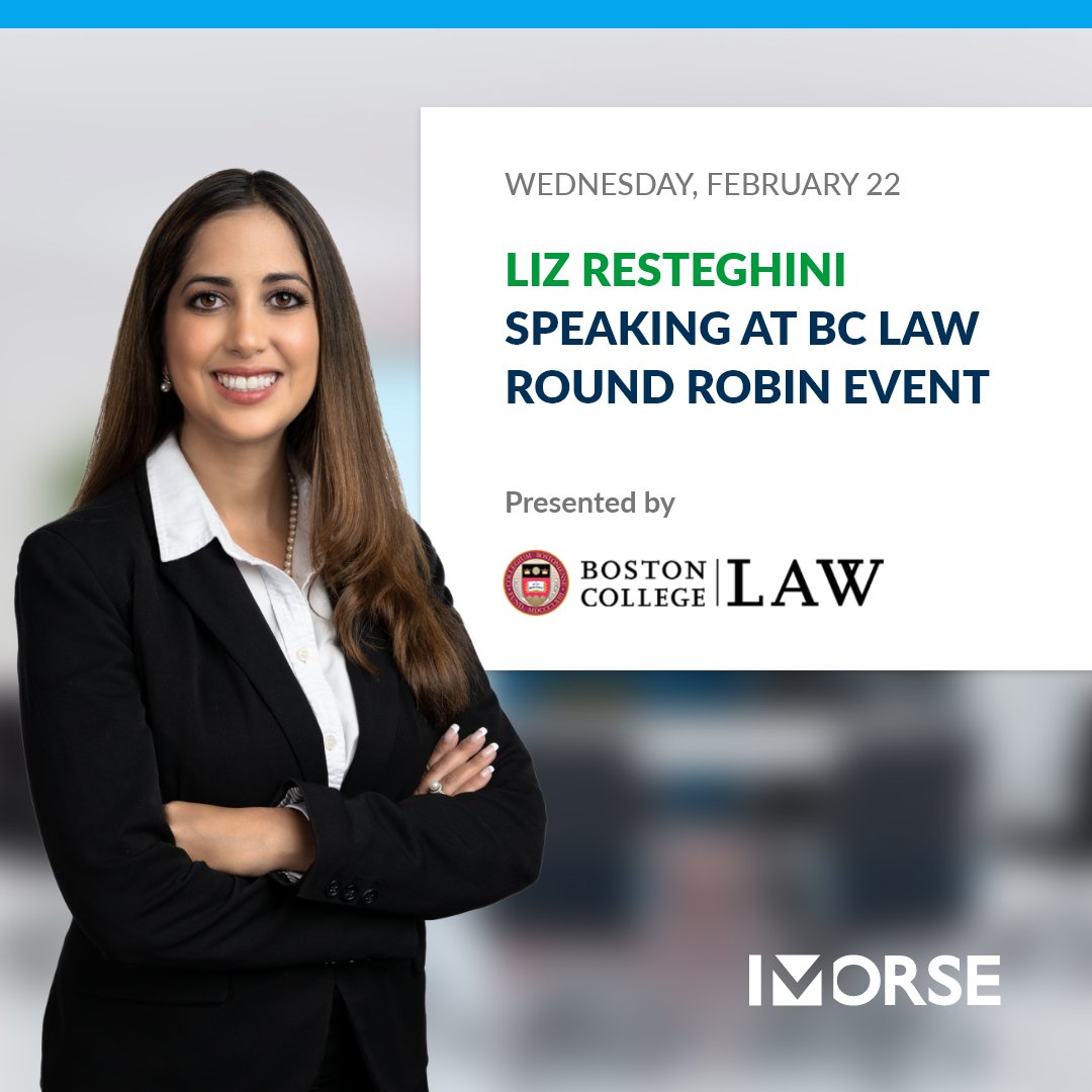 Morse's tweet image. On February 22nd, Liz Resteghini will speak at a @BCLAW Round Robin event. The #discussion will introduce students to #careers at #midsize law firms.