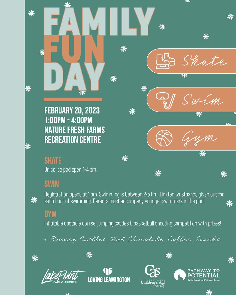 >>> Fun on Family Day! <<< Fun on the ice, pool and gym! Nature Fresh Farms Recreation Centre. 1-4 PM. #yqg #sxont