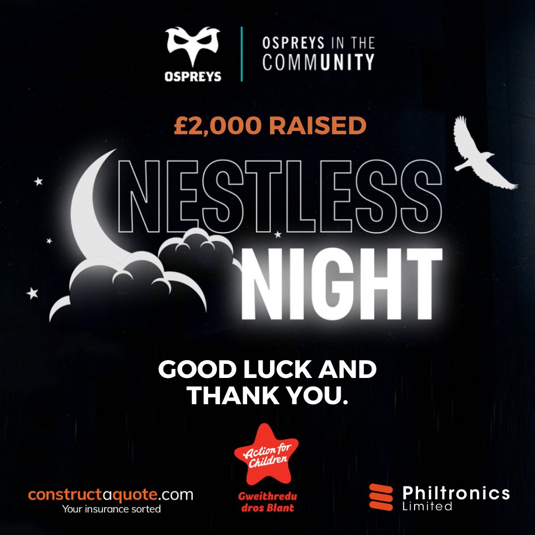 Tonight a team from <a href="/constructaquote/">constructaquote.com</a> will be taking part in the <a href="/CommunityOsprey/">Ospreys in the Community</a> #NestlessNight sleepout in aid of <a href="/cymru_AFC/">Action for Children Cymru</a> alongside <a href="/PhiltronicsLtd/">Philtronics Limited</a>. 

We've managed to raise a whopping £2,000 in advance of tonight's sponsored sleep out at <a href="/SwanscomStadium/">Swansea.com Stadium</a> 

#MoorhouseGroup