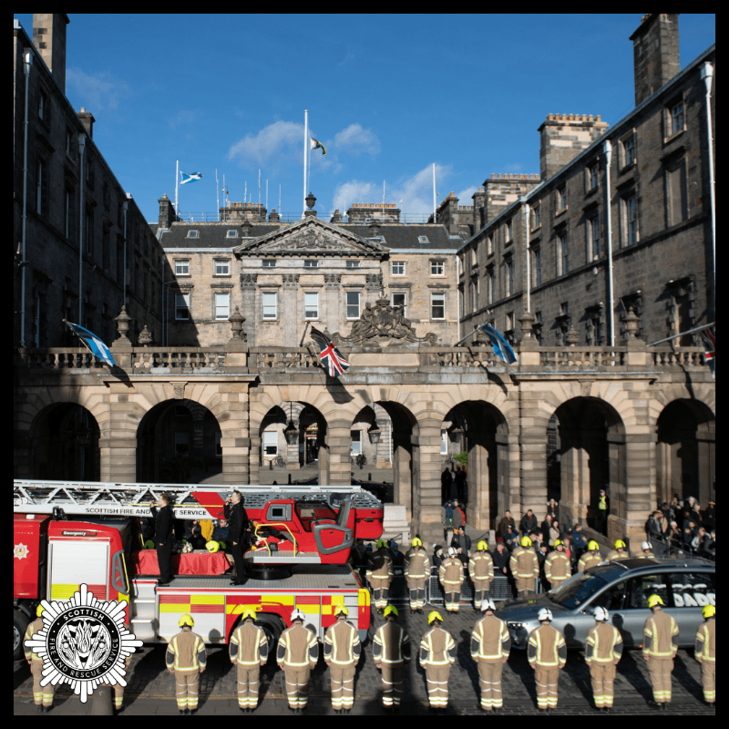 fire_scot's tweet photo. Barry was given a Guard of Honour by his colleagues from McDonald Road Community Fire Station. 

A minute’s silence was observed by guests and Barry’s fellow Blue Watch firefighters, who were the pallbearers, accompanied their colleague for one last time.