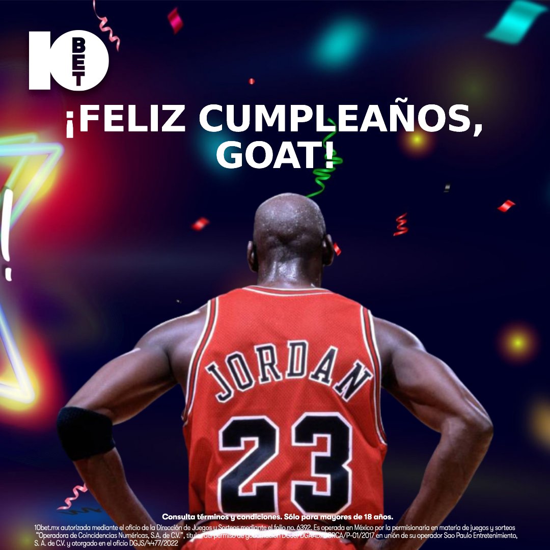 10betMexico's tweet photo. 🎉👑 ¡𝓗𝓑𝓓 𝓖𝓞𝓐𝓣! 🥳🏀
Cualquier cosa que escribamos, no será suficiente para describir al gran Michael Jordan, que hoy sopla la velita 6⃣0⃣ en su 🎂.
#PonteLa10👕 #PonteLa2⃣3⃣ #MichaelJordan #GOAT𓃵 #HBDMichael #Cumpleaños #Viernes #Jordan #JumpMan https://t.co/dQ8vPvT4XT
