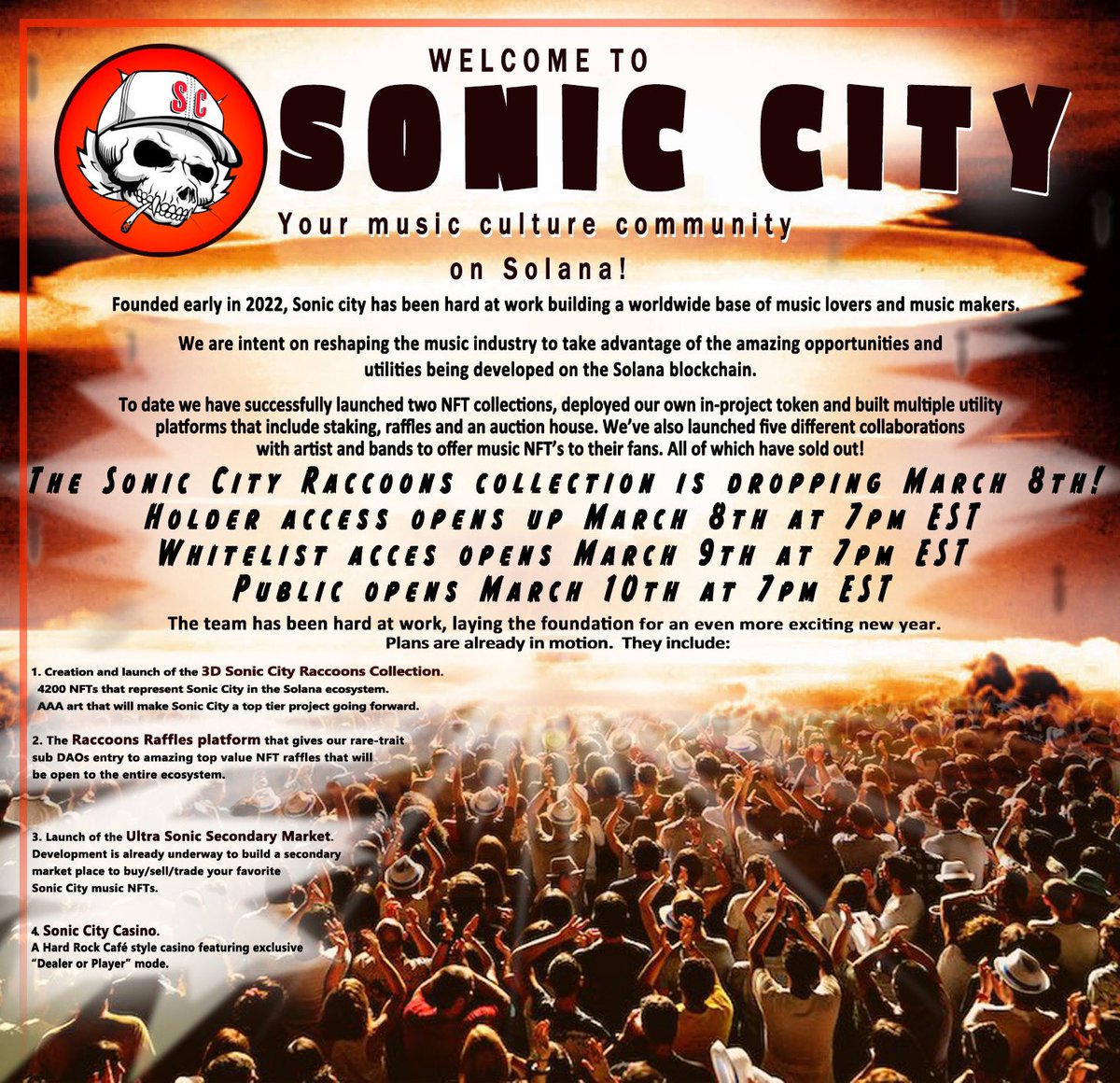 dsemonkeys's tweet photo. TGIF!
SONIC CITY DROPS THE BIG ONE IN THREE WEEKS! MINT OPENS MARCH 8th!

Get in the discord for info and contests!

@hey_wallet send 420 $ONIC to the first 420 that retweet and comment, with their favorite hip hop song or rock band! https://t.co/hCjBswHzbM