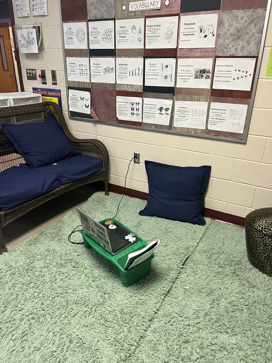 Science7Grissom's tweet photo. The comfy corner that I created for my students was inspired by the type of alternative working space that I need to thrive. Everyday I strive to give them the things I never had, but needed as a student. https://t.co/ch5Jg0Gw8K