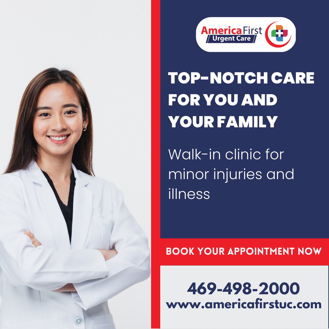 Top-notch care for you and your family.
Walk-in clinic and illness.

Here you will Find the Best Urgent Care Doctors
Book your appointment now.
.
𝐘𝐨𝐮𝐫 𝐇𝐞𝐚𝐥𝐭𝐡𝐥𝐢𝐧𝐞: 469-498-2000
americafirstuc.com/urgent-care-in…
____
#BestUrgentCare #UrgentCarenearme #familyCare #Healthcare