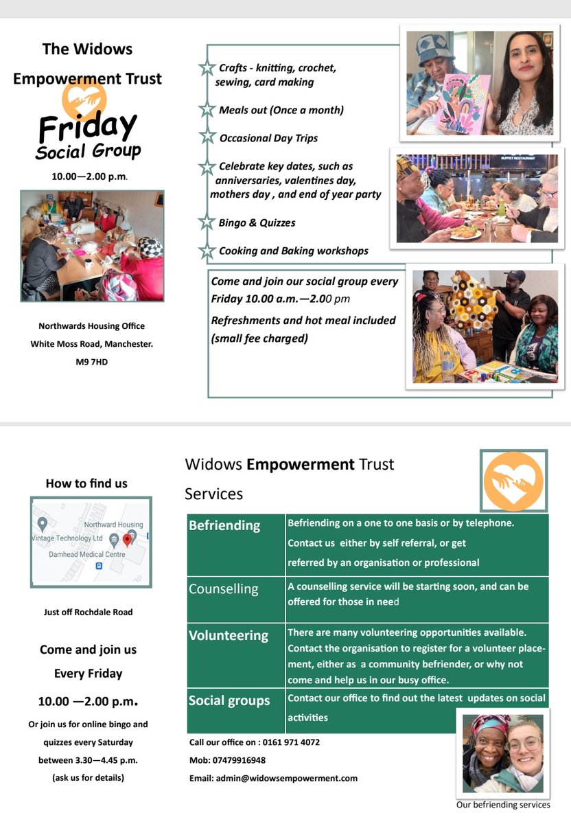 WidowsEmpTrust's tweet photo. We are now moving our creative activities to the Northward Housing office @Whitemoss #Damhead #Blackley. Get involved in #Emotional #social wellbeing activities every Friday. Befriending service ongoing #wellbeing
pls share fly
@ManCityCouncil
@GMMH_NHS https://t.co/en5icNvVLh