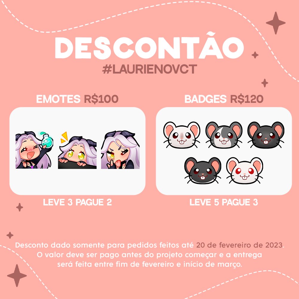 🤍PROMOÇÃO #LAURIENOVCT 👇

ganhei ingresso para assistir o #VCTLOCKIN no dia 22/02 e fiquei extremamente feliz, pois é um sonho ver os jogos de pertinho!

maaas, preciso arcar com os custos da viagem, então estou abrindo promoção de #emotes e #badges! 🤩