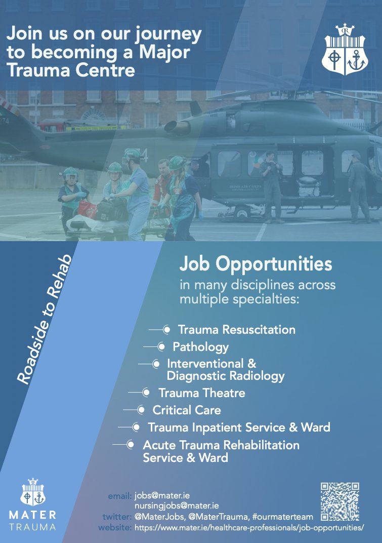 The #MaterHospital is looking for nurses with an interest in trauma to join #OurMaterTeam. <a href="/MaterJobs/">The Mater Hospital Recruitment</a> has positions in many disciplines and specialities such as trauma resuscitation, trauma theatre and critical care. More information available here: mater.ie/healthcare-pro…