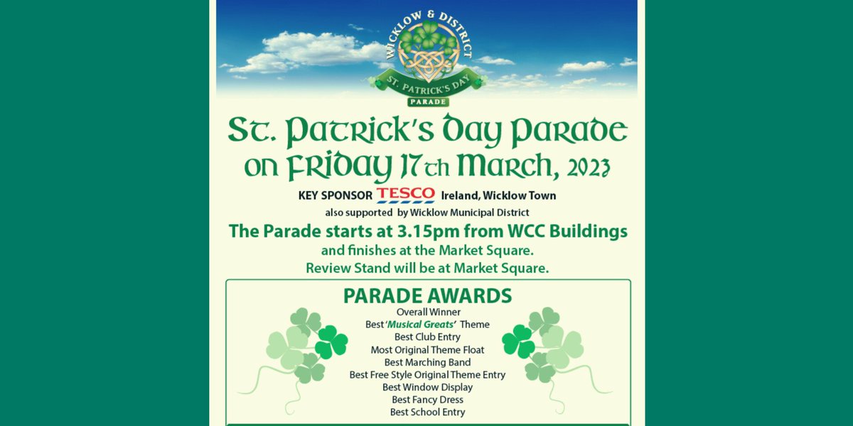 Details for the #wicklow #town #stpatricksday parade. email wicklowparade@gmail.com for registration or information