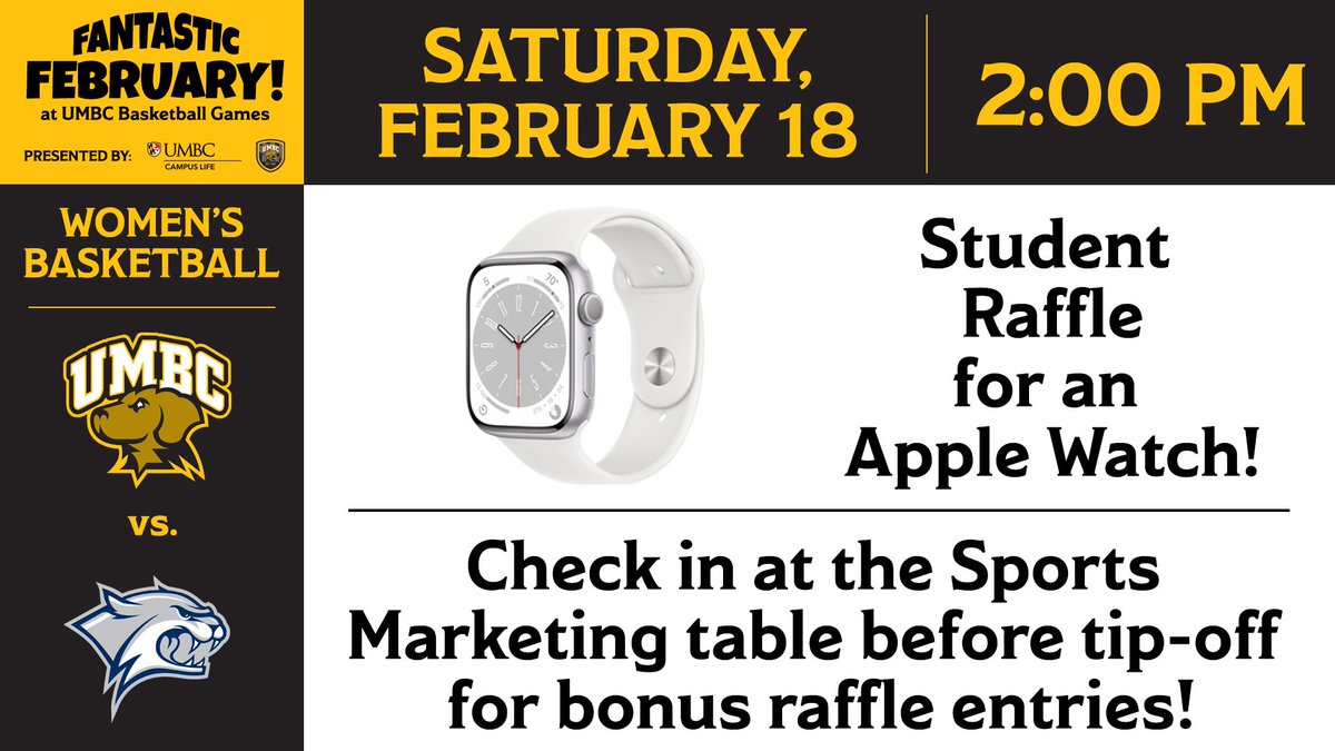 Saturdays are for Basketball! Come out to the Women's Basketball game on Saturday, February 18. Doors open at 1pm. Students that arrive before tip off get extra entries into the raffle! Get your game tickets here :umbctickets.universitytickets.com/#UMBC #UMBCLIFE #UMBCATHLETICS <a href="/UMBCAthletics/">UMBC Athletics</a>