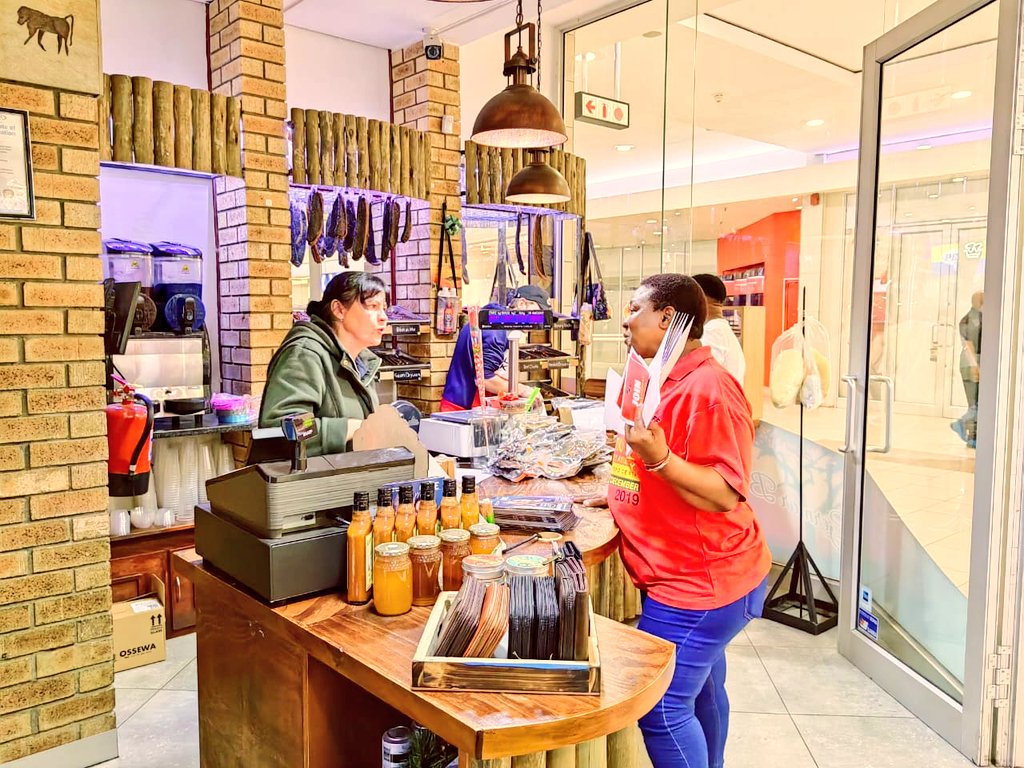 effnorthercape's tweet photo. [📸] : The EFF Northern Cape Provincial Chairperson and Secretary  Commissar @ShadrackTlhaole and @BhayiKwinana Led #EFF20MarchShutDown businesses visit at Diamond Pavilion Mall in KB.
@EFFSouthAfrica https://t.co/PaJBN3Erq9