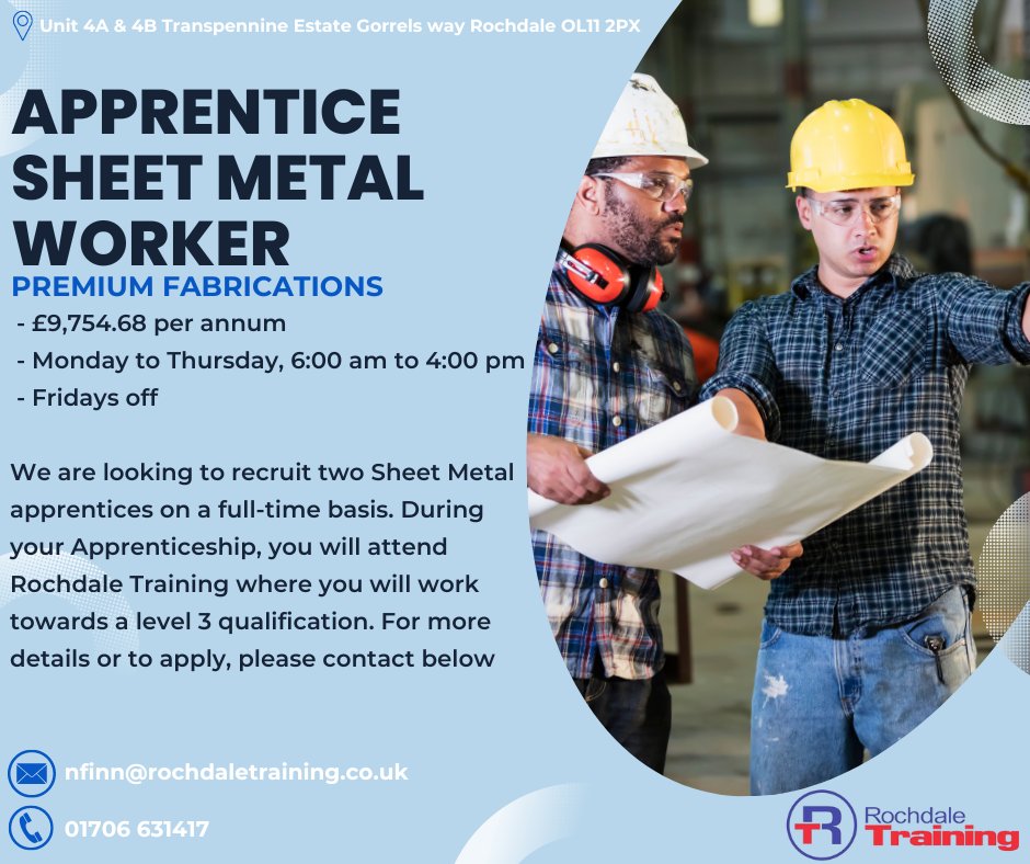 New Sheet Metal Worker Apprenticeship now available. Are you looking to start your career in Engineering? For more information and how to apply visit our website: rochdaletraining.co.uk/apprentice-she…

#Apprenticeship #EngineeringUK #EarnWhileYouLearn #ThisIsRochdale @SeeDifferentHub