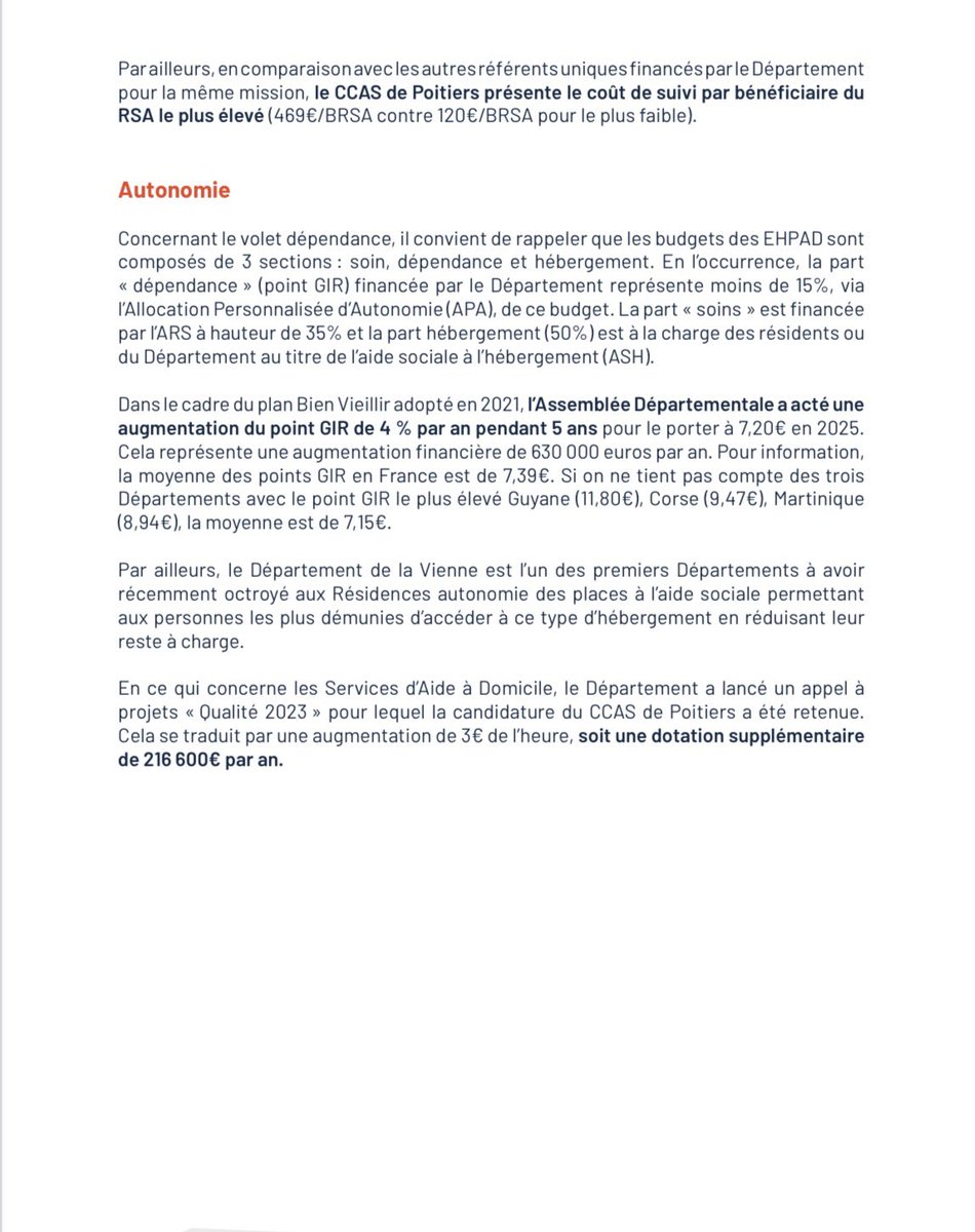 Ni sous-financement, ni désengagement, le #Département a même renforcé son soutien au CCAS de #Poitiers pour 2023 :
➡+ 216 000€ pour les Services d’Aide à Domicile
➡ Augmentation du point GIR : +4%/an
➡+ 36,7% pour l’accompagnement des bénéficiaires du RSA depuis 2019👇