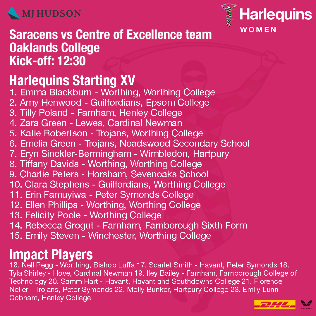 🙌 Best of luck to our Harlequins U18s Centre of Excellence side who also face <a href="/SaracensWomen/">Saracens Women</a> this weekend 👏

🃏 Team selection 👇

#COYQ <a href="/MJHudsonCorp/">MJ Hudson</a>