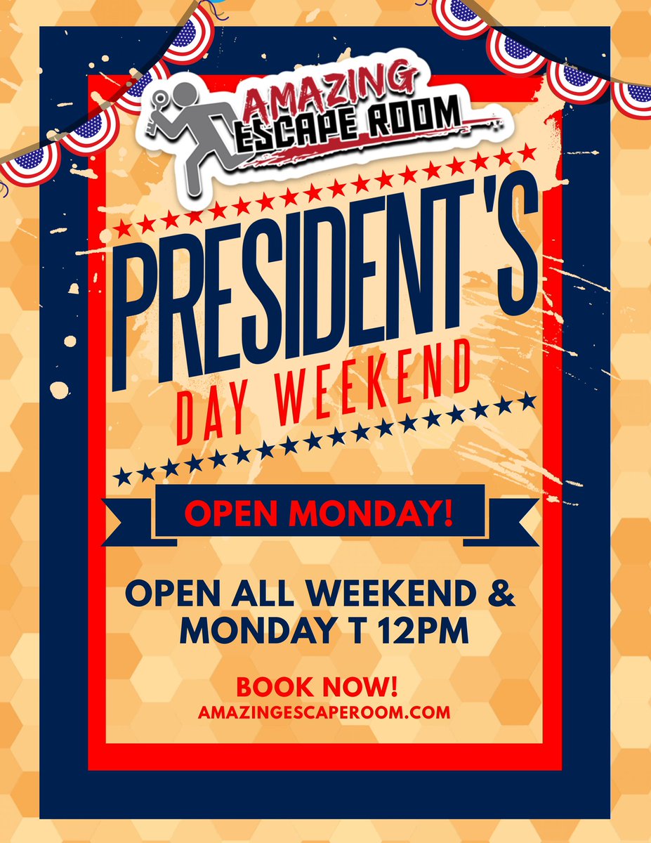 OPEN MONDAY AT 12PM ! 🇺🇸👍
LAND OF THE FREE, HOME OF THE BRAVE, COME ESCAPE! 
BOOK NOW AT AMAZINGESCAPEROOM.COM