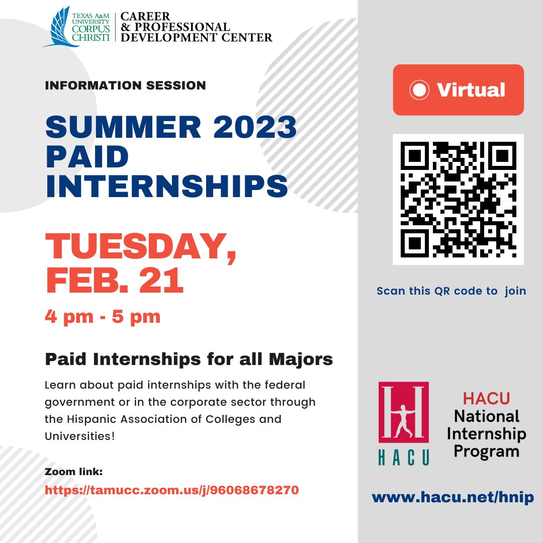 Interested in Paid Internships for Summer 2023? Mark your calendar to join us for a virtual information session to explore paid internships with @HNIP! All Majors welcome! 

Zoom link: tamucc.zoom.us/j/96068678270

Recording will be made available! 
#InternWithHACU