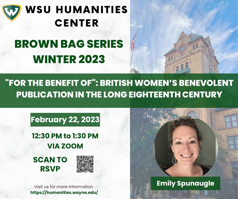 wsuhumanities_'s tweet photo. Join us on 02/22/2023 at 12:30 PM when Emily Spunaugle (Doctoral Candidate, English) discusses "For the benefit of": British Women’s Benevolent Publication in the Long Eighteenth Century

This Brown Bag will be held via Zoom https://t.co/E8e76kilXi