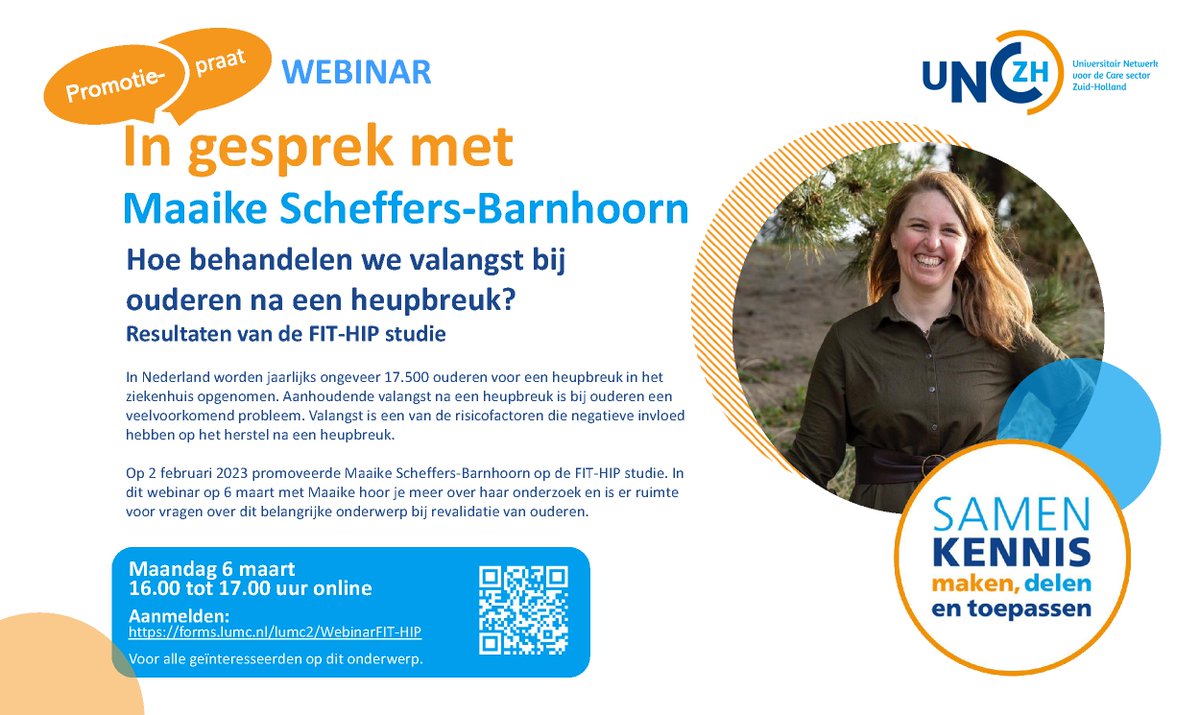 Hoe behandelen we #valangst bij #ouderen na een #heupbreuk?

Maaike Scheffers-Barnhoorn deed hier onderzoek naar. Heb je vragen hierover en ben je benieuwd naar de uitkomsten van het onderzoek? Meld je dan aan voor het gratis online webinar!

🖊 forms.lumc.nl/lumc2/WebinarF…