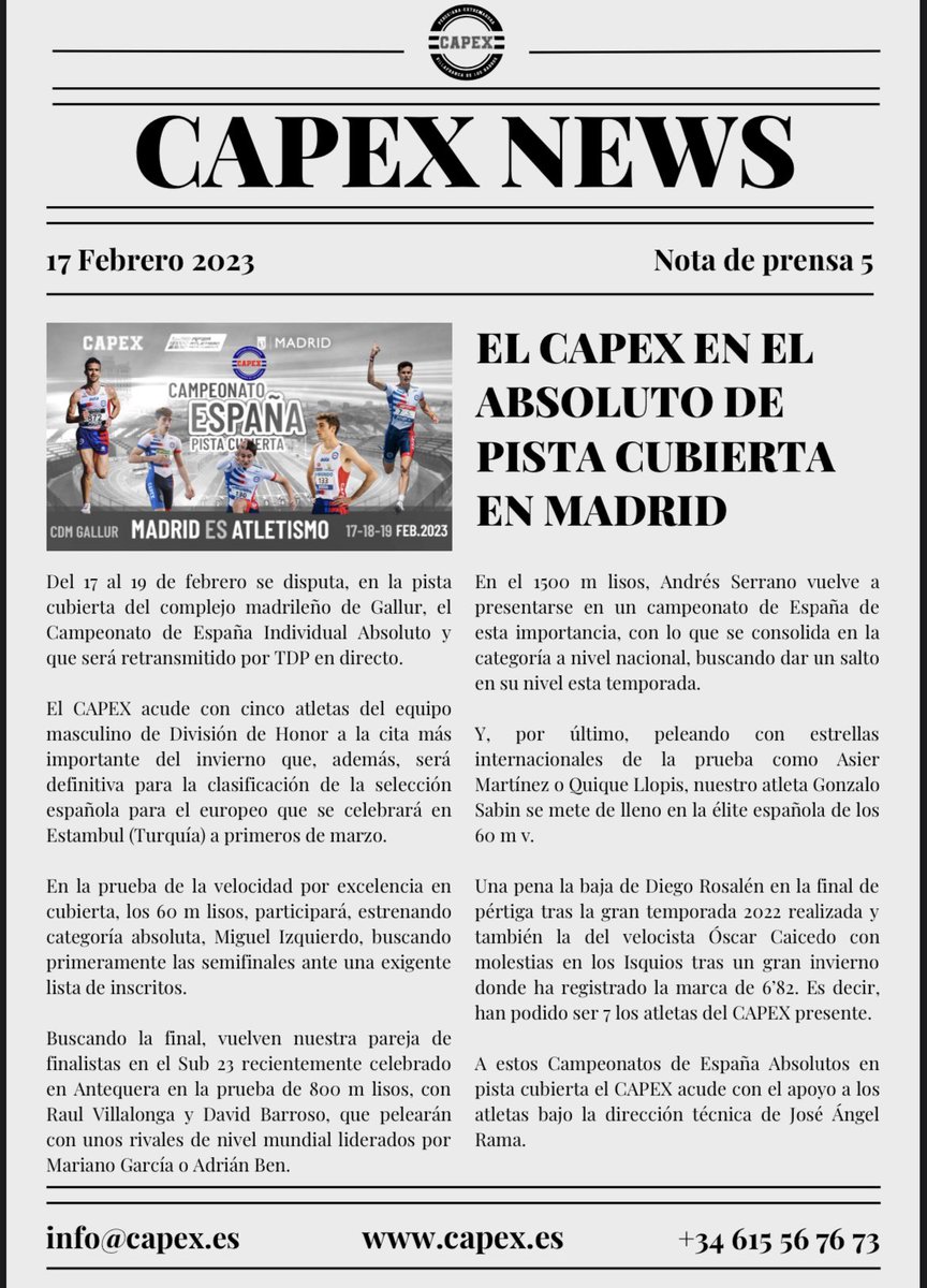 AtletismoCAPEX's tweet photo. CAMPEONATO DE ESPAÑA ABSOLUTO DE PISTA CUBIERTA https://t.co/P0rQtxQRgK