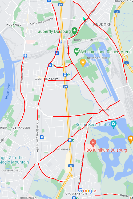mariuskarma's tweet photo. Wer ein bisschen mit einem #Farrad und #Duisburg unterwegs ist kennt diese Weg.
Laut der Argumentation der Stadt, müßten die Bäume an den rot markierten Straßen weg, da dort die Wurzel durch kommen.
Leute, wir haben technische Möglichkeiten um die Sraßen zu reparieren https://t.co/PqE4YLyyXW