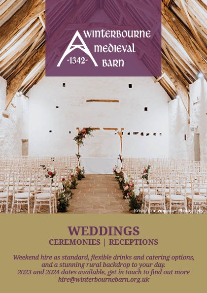 Out stunning Medieval Barn is available to hire for wedding ceremonies and reception. With availability for 2023 and 2024, and flexible options for drinks and catering, we could be your perfect venue. Get in touch today to find out more, email hire@winterbournebarn.org.uk