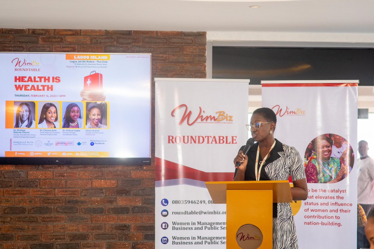 Picture highlights from the 2023 WIMBIZ Roundtable Program held at the Lagos Jet Ski Riders - The Club, Ikoyi. 

Some Key Nuggets shared by the Speakers are:

1. Good health is the foundation of a happy life.
2. Know your numbers: vitals, blood sugar level, cholesterol, etc.