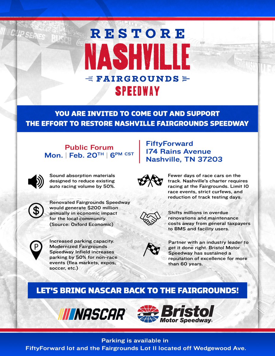 RestoreNFS's tweet photo. This Monday, come voice your support for restoring the Fairgrounds! 

We need you there to demonstrate the tremendous support this plan has in the community. 

Let’s Bring NASCAR back to the Fairgrounds! https://t.co/5kEpZ48GzW
