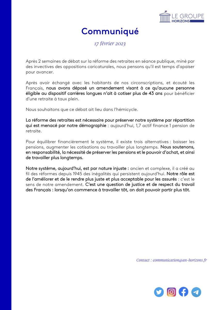 Suite à nos échanges avec les habitants de nos circonscriptions et afin d’apaiser le débat sur les #Retraites, nous avons déposé un amendement visant à ce qu’aucune personne éligible au dispositif carrières longues n’ait à cotiser plus de 43 ans pour bénéficier d’un taux plein ⤵️