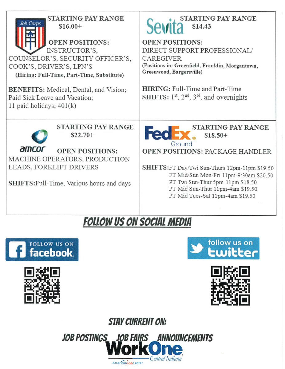 workonefranklin's tweet image. Join us for our March Job Fair on March 6th from 9 AM - 12 PM! Come speak with quality employers offering flexible scheduling, great benefits, and pay starting as high as $22.70!
Location: 97 Umbarger Ln, Franklin, IN 46131!
#hiring #workone #Franklin #jobfairR5