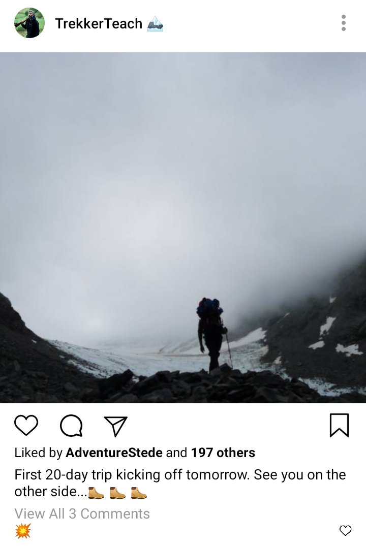Ed's IG. Photo from the back of him hiking the base of a foggy mountain. Caption reads "First 20-day trip kicking off tomorrow. See you on the other side..." 