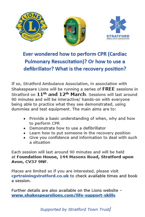 F0undationHouse's tweet photo. A fantastic FREE CPR session being delivered here in March by Shakespeare Lions &amp; Stratford on Avon Ambulance Association- book your place soon before places go! 

Lions kindly donated us a defib to have at Foundation House so very happy to be supporting this! https://t.co/xyYVdN0p6T