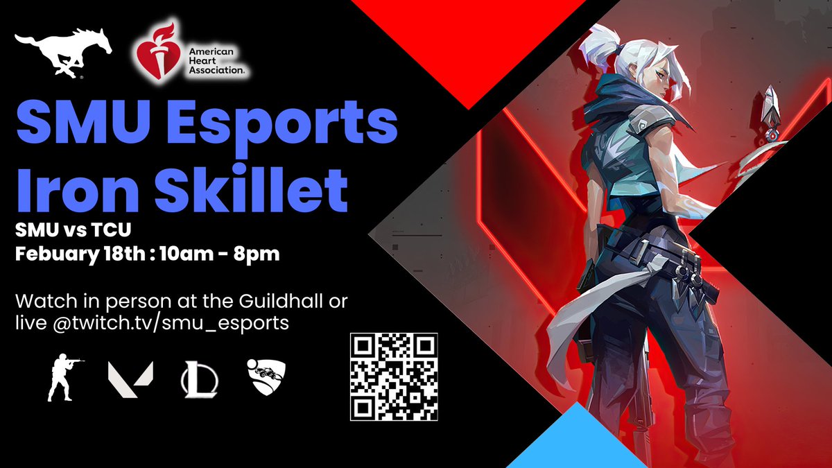 SMUEsports's tweet photo. 🚨 We’re one day away from the Esports Iron Skillet Mustangs. Here’s what you need to know:

⏰: Saturday, Feb. 18
🎟️: Free Entry + Giveaways + Lunch
📍: 3100 McFarlin Blvd, Dallas, Texas 75025

We’ll be doing challenges &amp; running a charity stream thanks to @AmericanHeartTX  ❤️ https://t.co/e5ZpG60h6e
