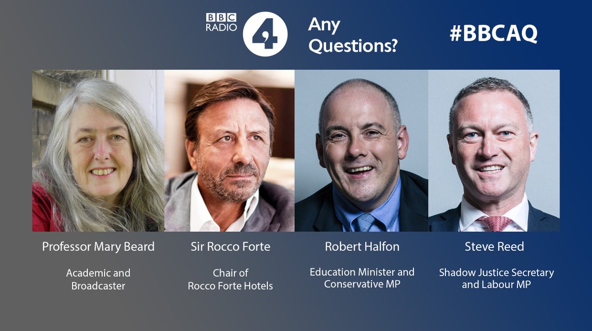 On this week’s Any Questions, @AlexForsythBBC is joined at Fowlmere Village Hall by Professor Mary Beard, Sir Rocco Forte, Robert Halfon MP and Steve Reed MP. #BBCAQ Listen 8pm Friday / 1.10pm Saturday on @BBCRadio4 or on demand on @bbcsounds bbc.in/3k9DdEW