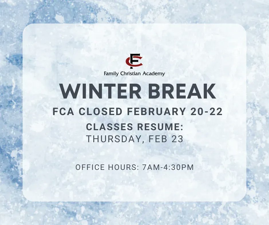 Fcaflames's tweet photo. FCA will be closed for Winter Break February 20-22! Classes resume Thursday, February 23rd. https://t.co/VOhOzAjP0w