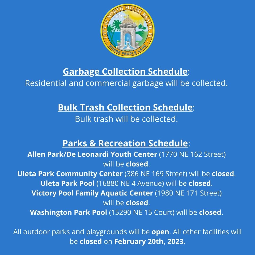 CityNMB's tweet photo. In observance of the Presidents' Day, the City of North Miami Beach City Hall will be closed on Monday, February 20, 2023. For additional closures, please review the flyers below.
#IamNMB #PresidentsDay https://t.co/U2mbbh9kIL